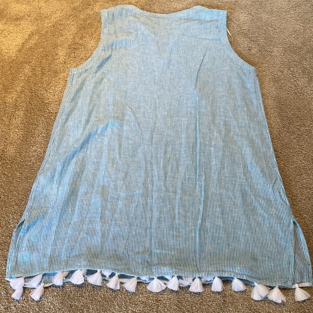 Tahari Linen Sleeveless Tassel Hem Aqua White Stripe Swim Cover Dress Sz LARGE - Picture 9 of 9